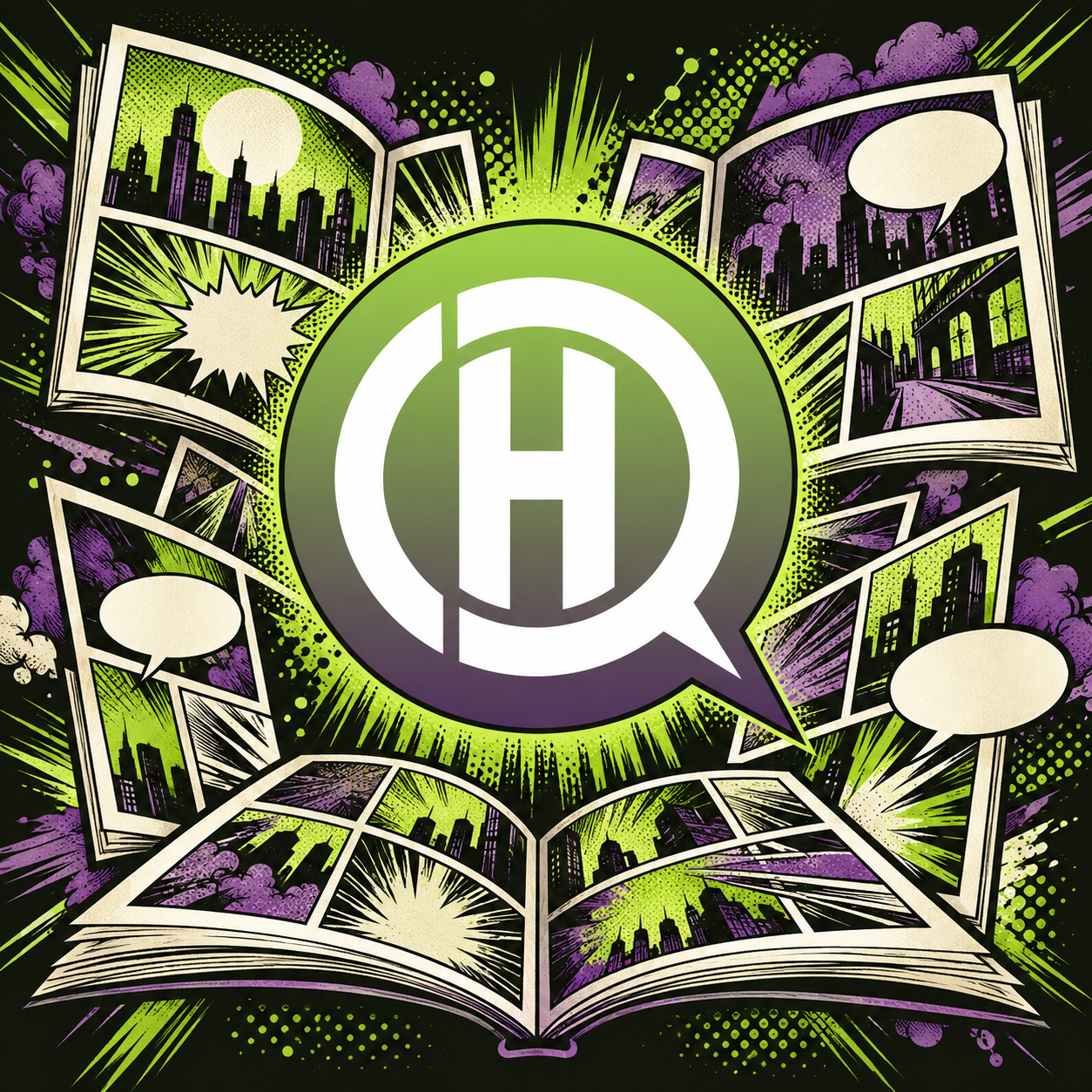 Logo do Central HQs integrado a páginas de quadrinhos em verde e roxo